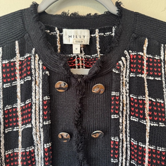 Milly Black Tweed Cardigan Red White Plaid Silver Buttons Size Medium - Picture 3 of 8